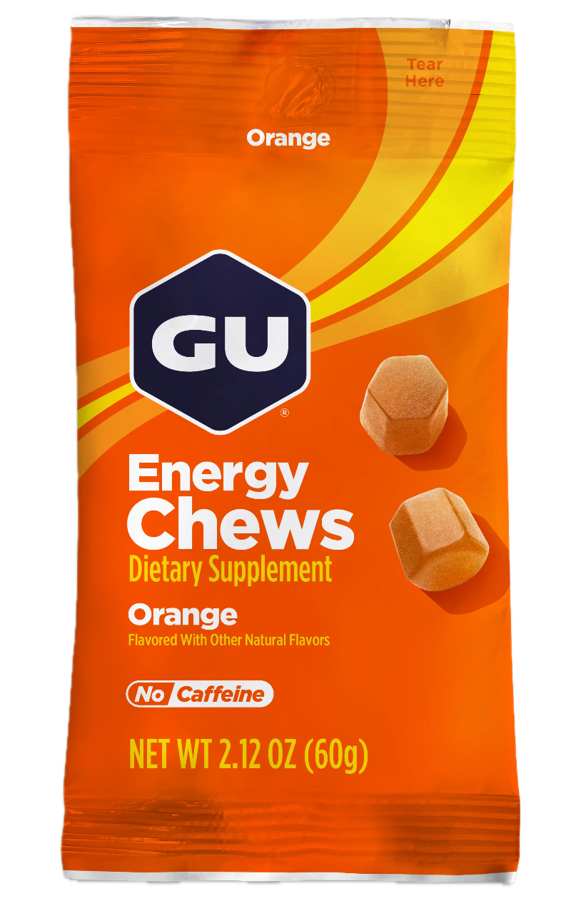 Orange package of GU Energy Chews with a blue hexagonal logo.