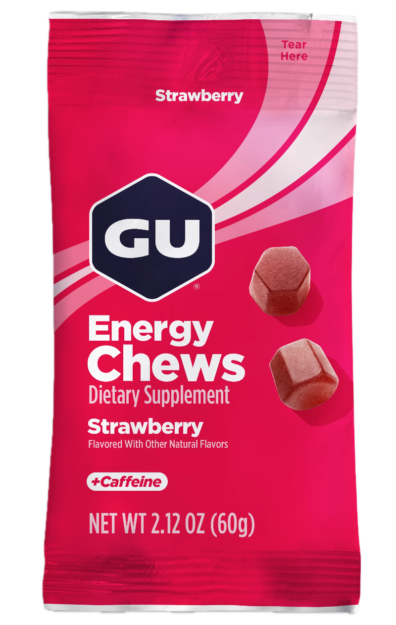 GU Energy Chews packaging with strawberry flavor on a white background