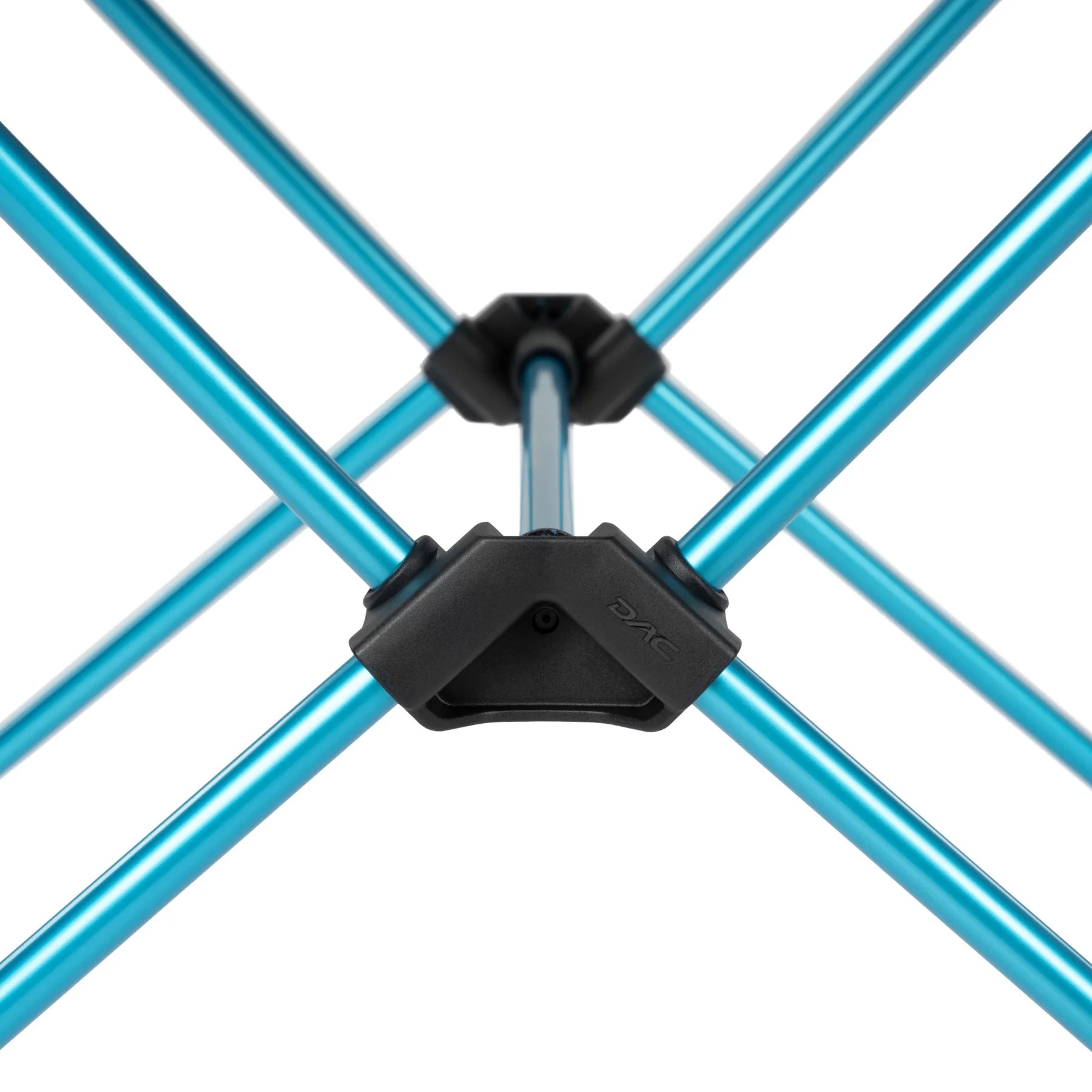 Close-up of blue metal Helinox Camping Table with plastic connectors on a white background