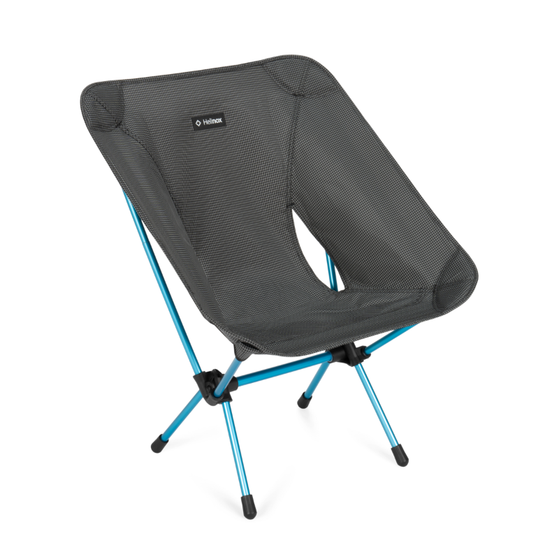 Black mesh camping chair with blue legs on a white background