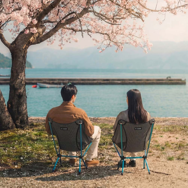 Two people sitting in chairs under a cherry blossom tree by a body of water.