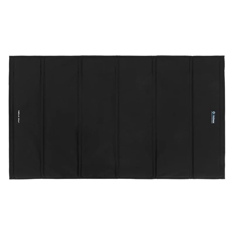 Black table top with a brand logo on a white background