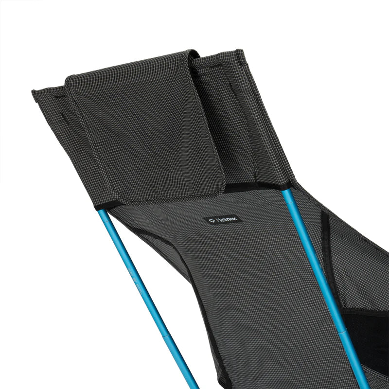 Black camping chair with blue legs on a white background