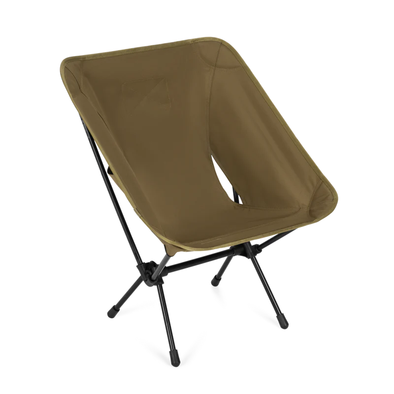 Brown camping chair with black legs on a white background