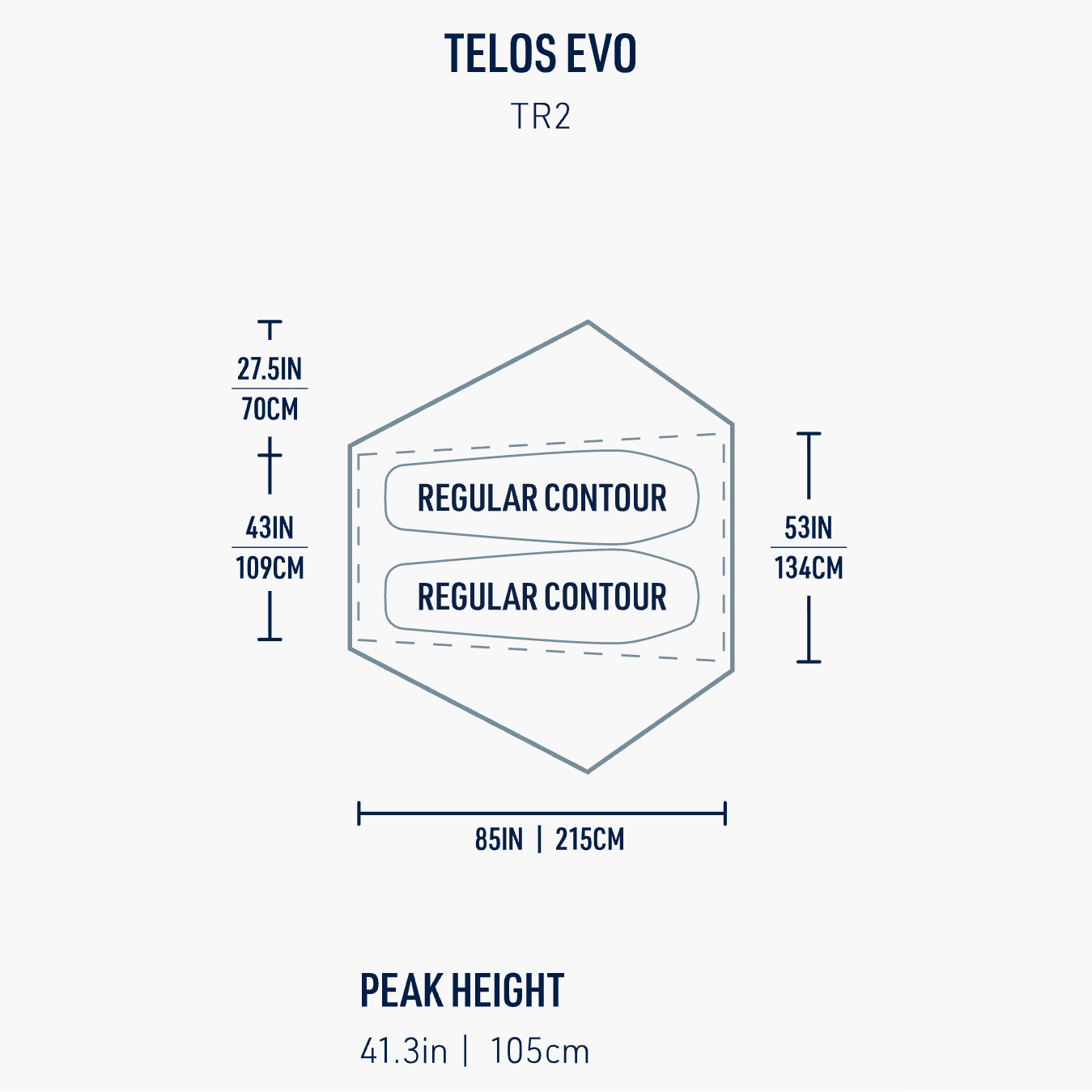 Technical drawing of the telos evo tent with dimensions labeled.