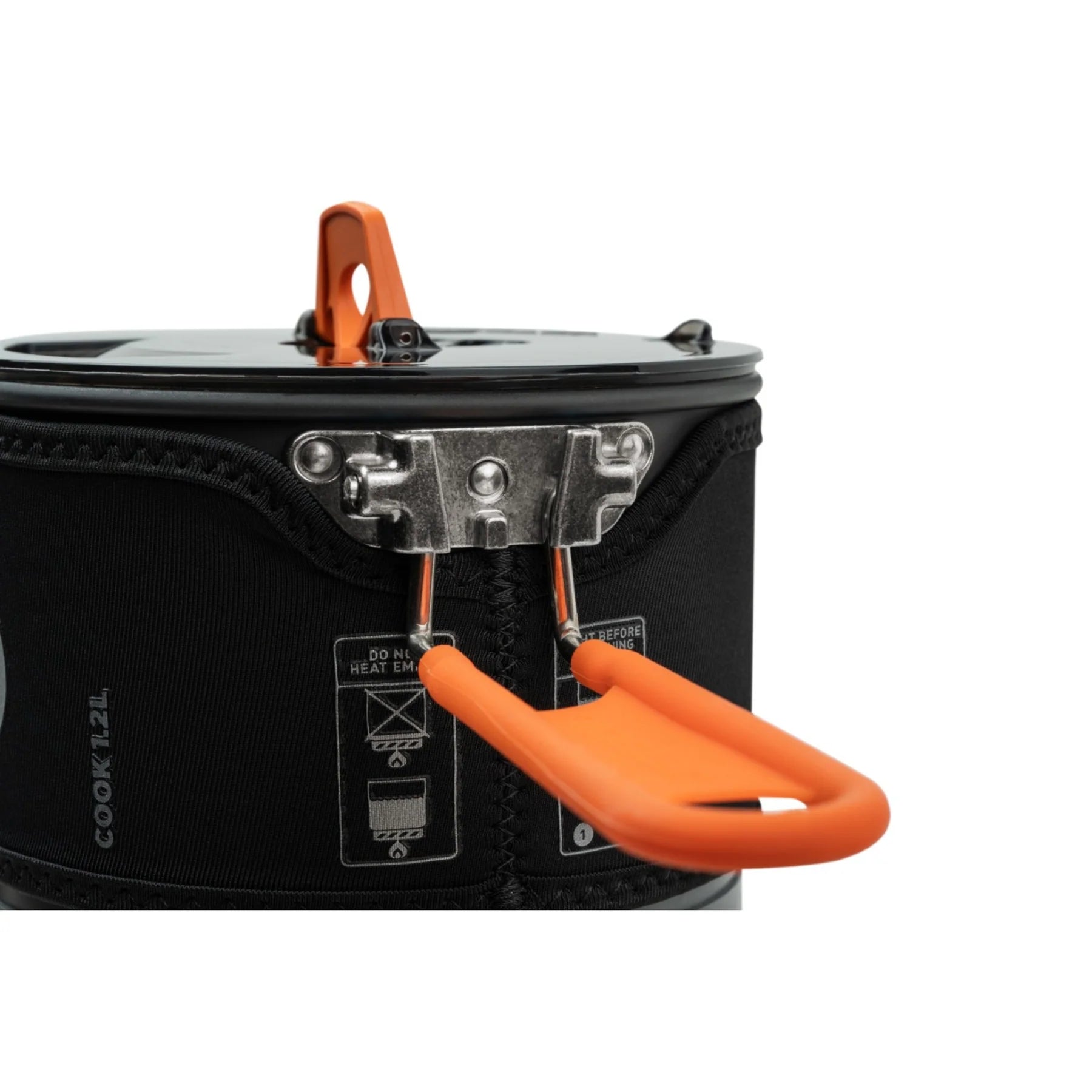 Black camping cookware set with orange handles on a white background