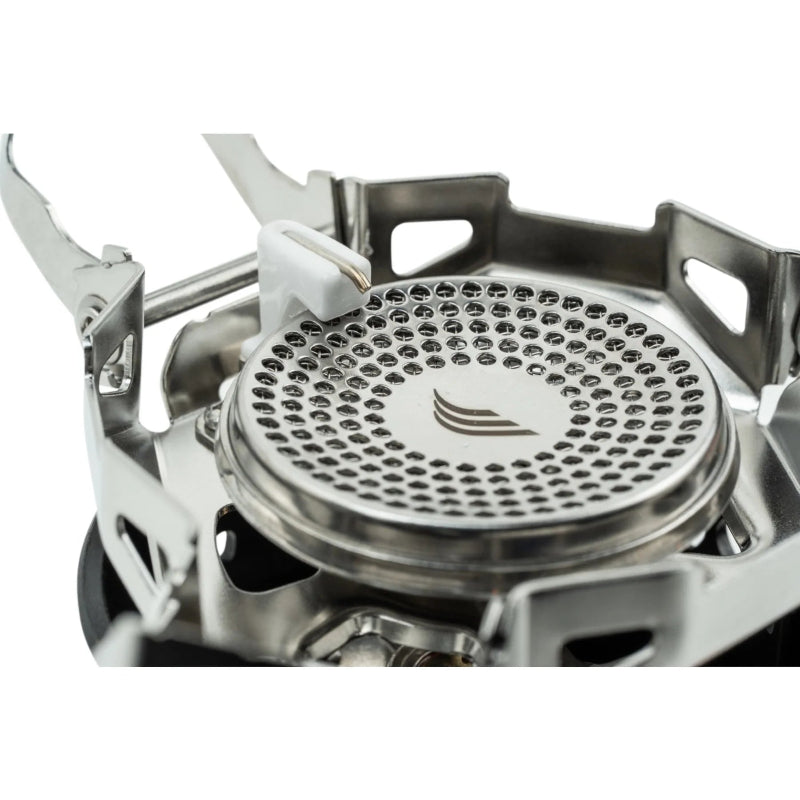 Stainless steel camping stove on a white background