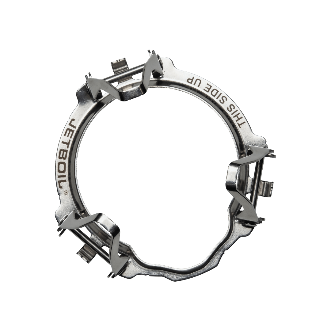 A silver Jetboil Pot Support 2.0 designed to attach to a burner for additional pot space.