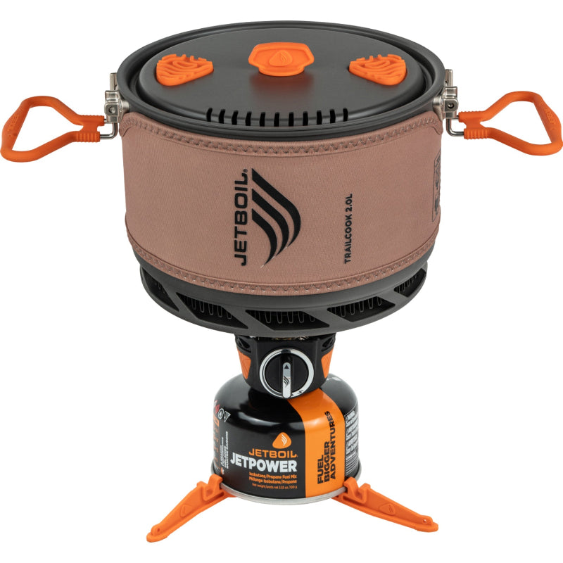 Jetboil cooking system with brown pot and orange accents on a white background