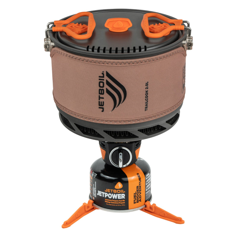 Jetboil cooking system with brown container and orange accents on a white background