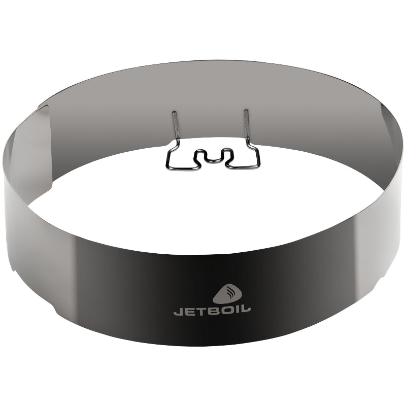 Metal pot windshield with 'Jetboil' branding on a white background