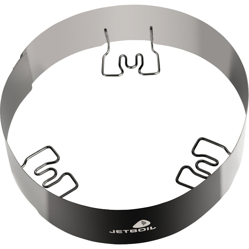 Metal windshield with hooks on a white background, featuring Jetboil logo.