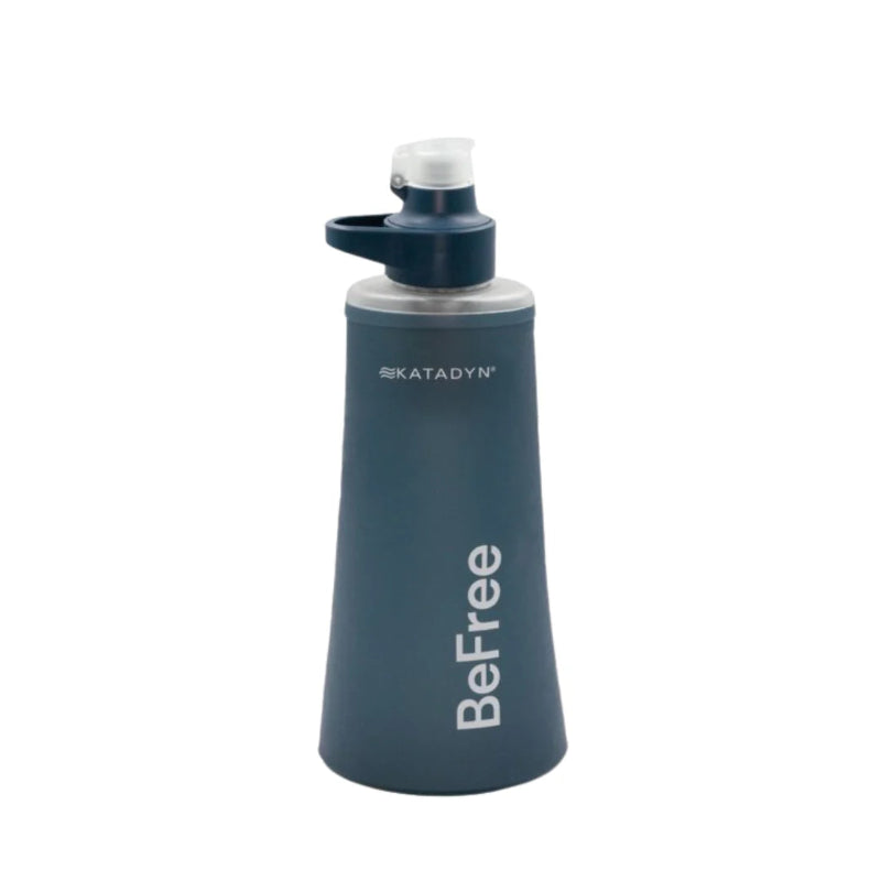 Blue water bottle with 'Katadyn' branding on a white background