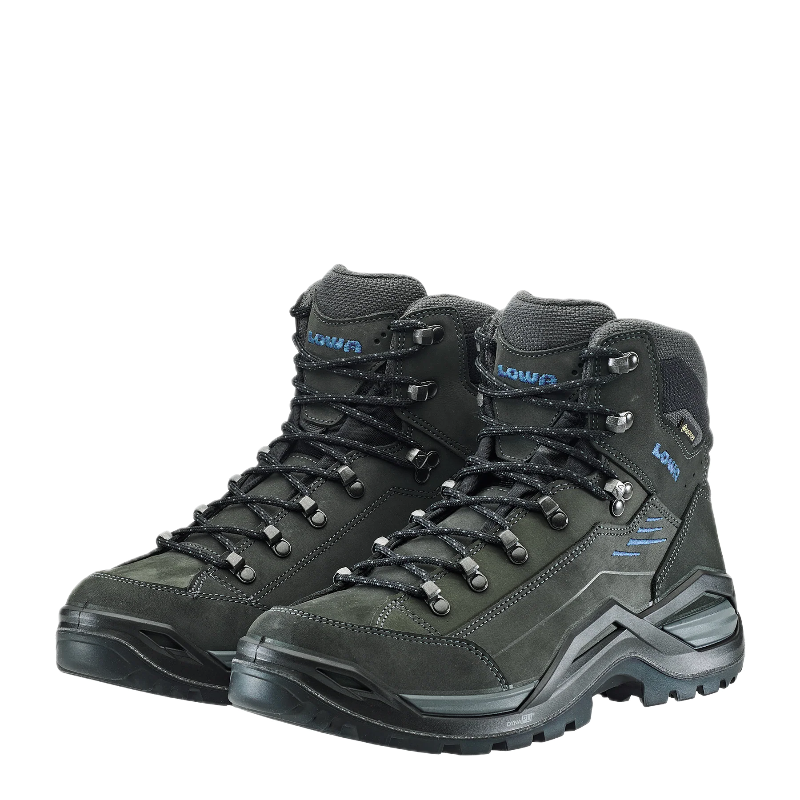 Pair of gray hiking boots with brand logo on a white background