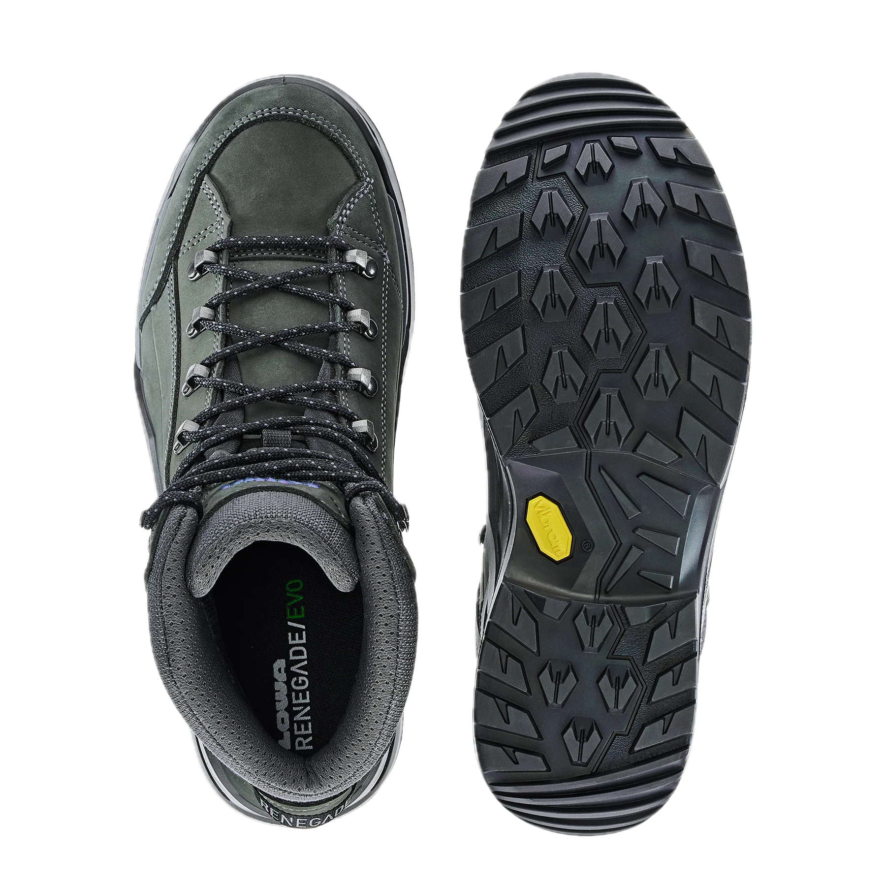 Gray hiking boot with black sole on a white background