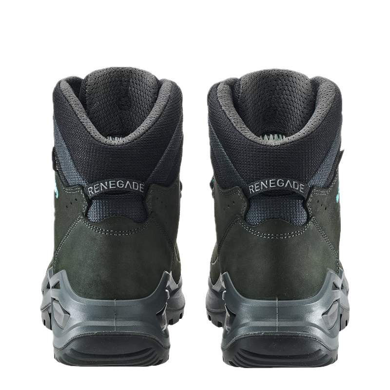 Black Renegade boots shown from the back on a white background