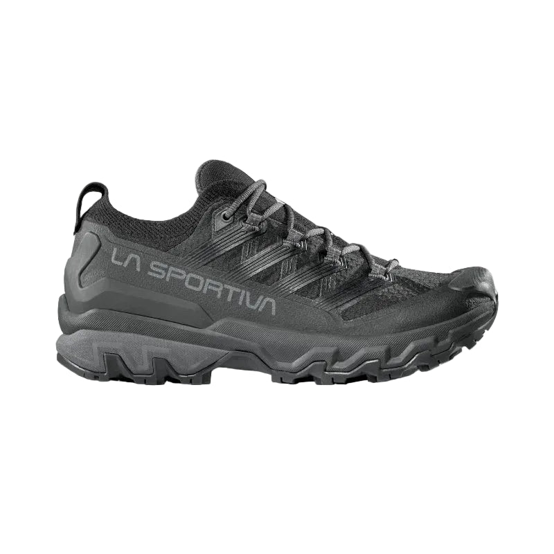 Black running shoe on a white background