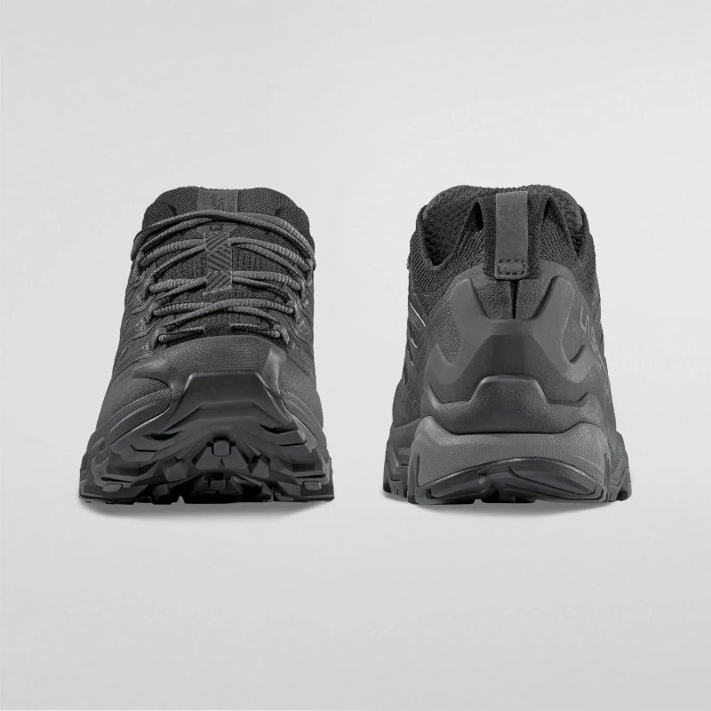 Pair of black hiking boots shown from the back on a light gray background