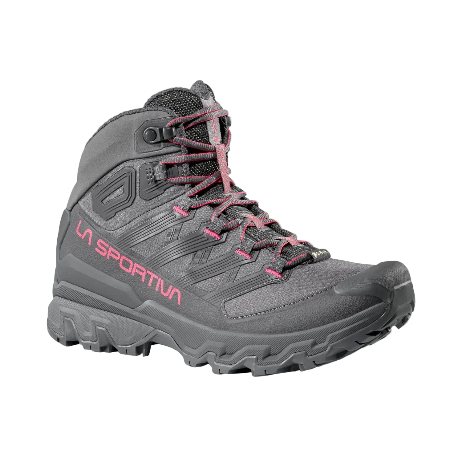 Gray La Sportiva hiking boot with pink accents on a light gray background