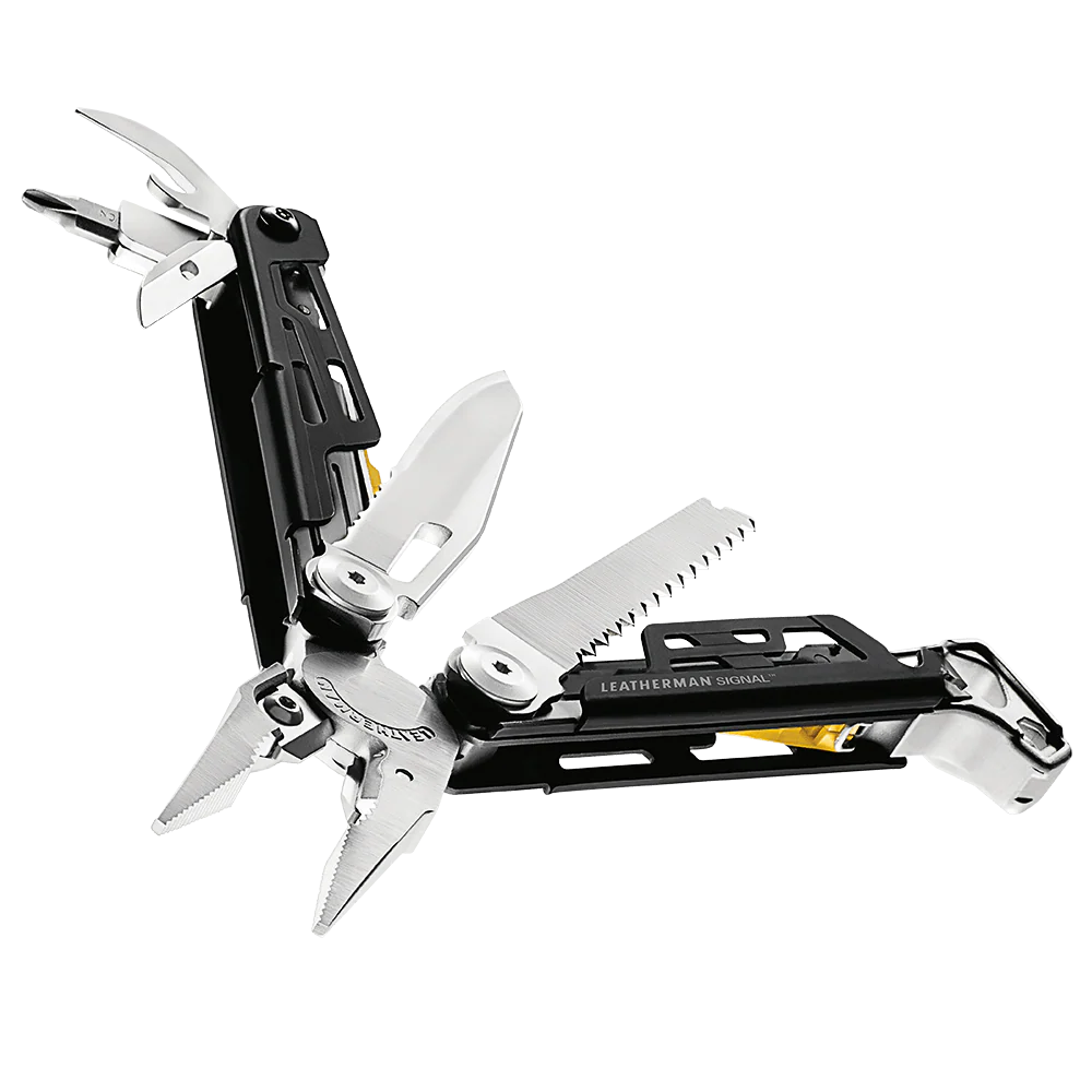 Multi-tool with various tools extended on a white background