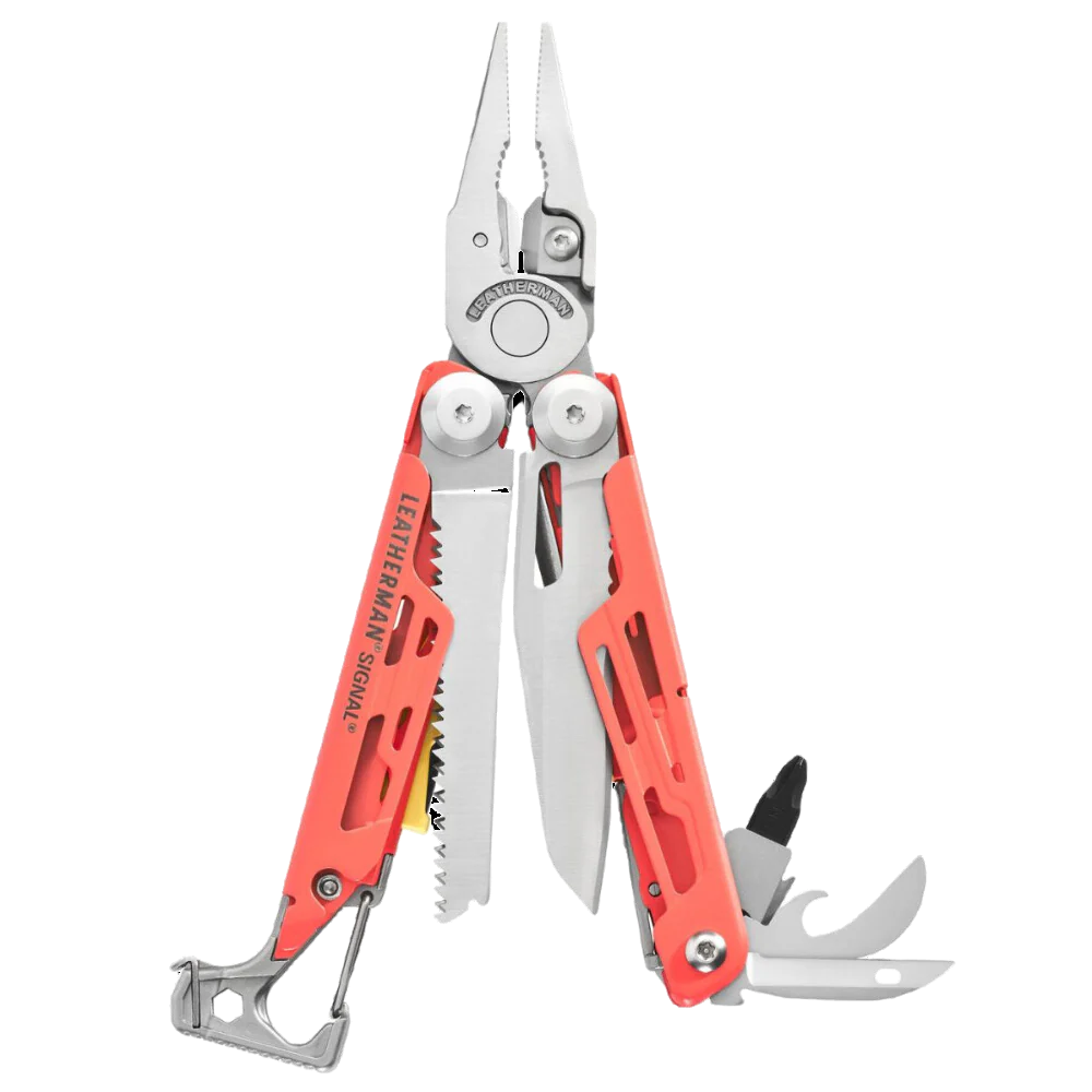 Multitool with red and silver components on a white background