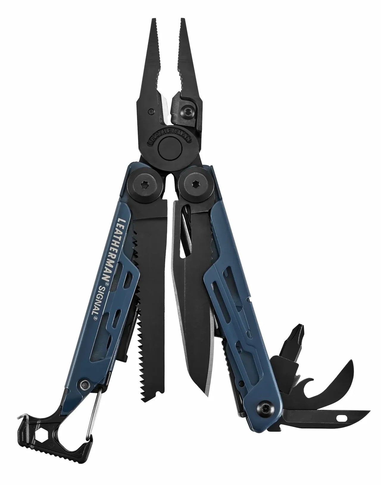Multitool with blue and black design on a white background
