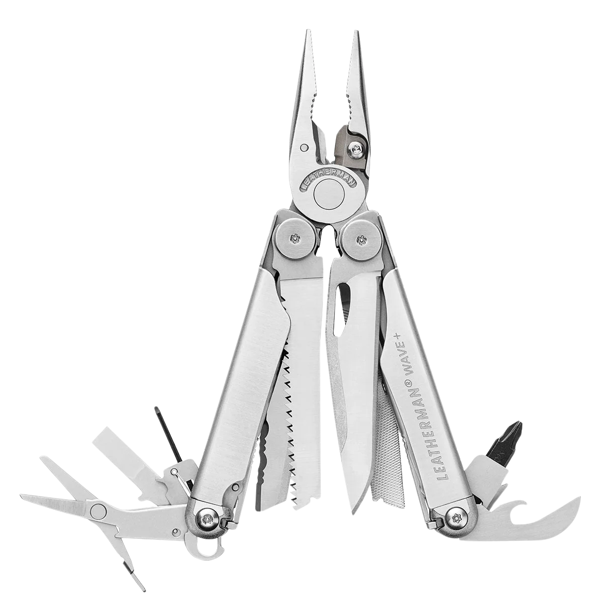Multitool with various tools extended on a white background