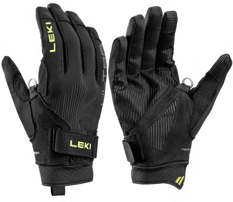 Pair of black gloves with Leki branding on a white background