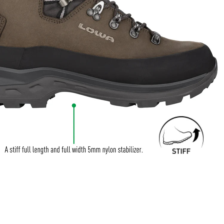 Brown hiking boot with black sole on a white background, featuring Lowa branding.