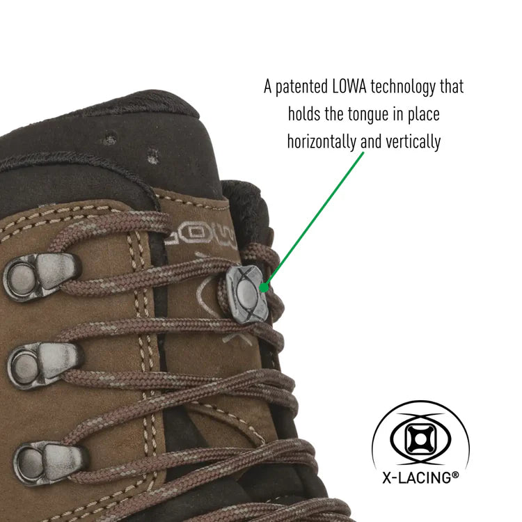 Brown hiking boot with X-Lacing system and LOWA branding on a white background