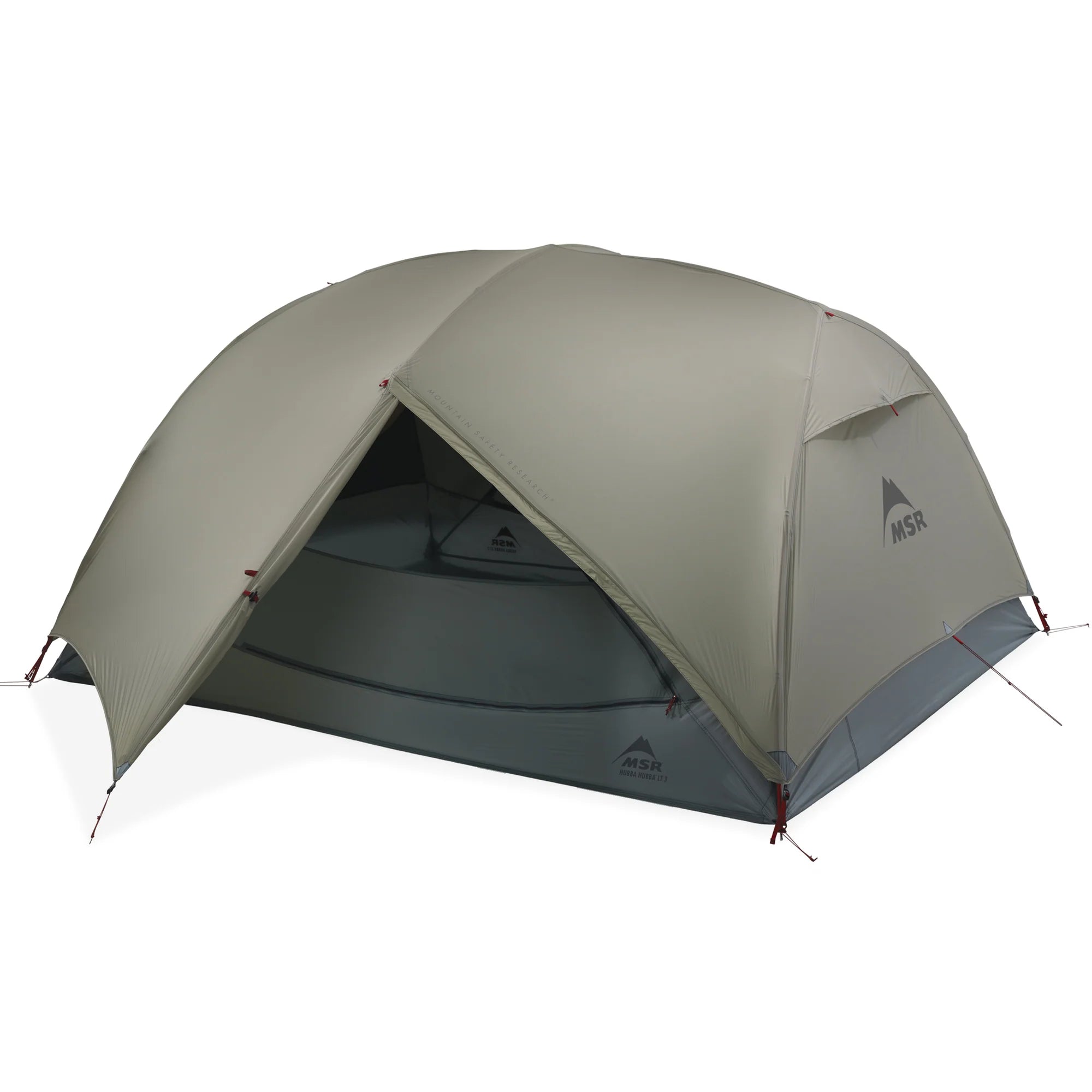 Green camping tent with MSR logo on a white background