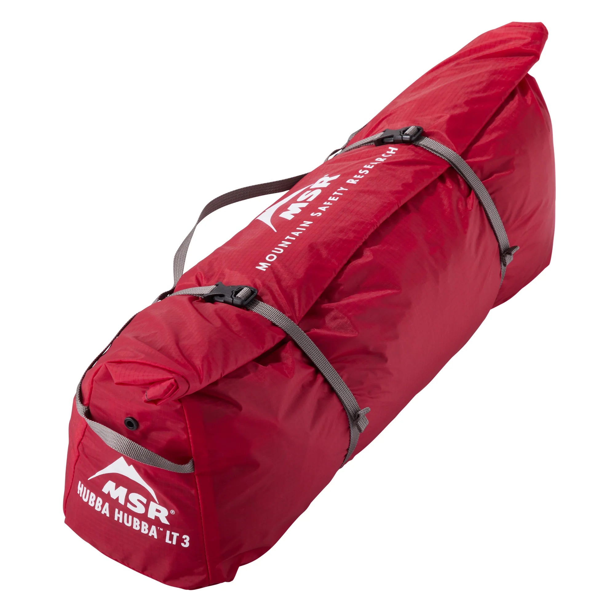 Red carrying bag for MSR Hubba Hubba LT 3 tent on a white background