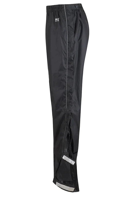 Mac in a Sacblack packable rain pants shown on the side with the reflective patches
