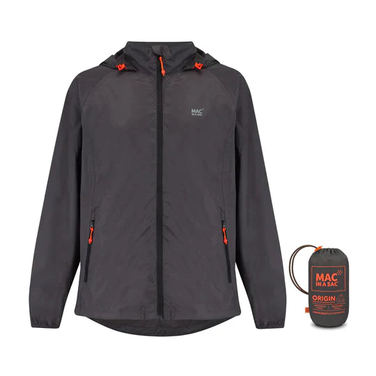 Charcoal coloured rain jacket and stuff sack on a white background