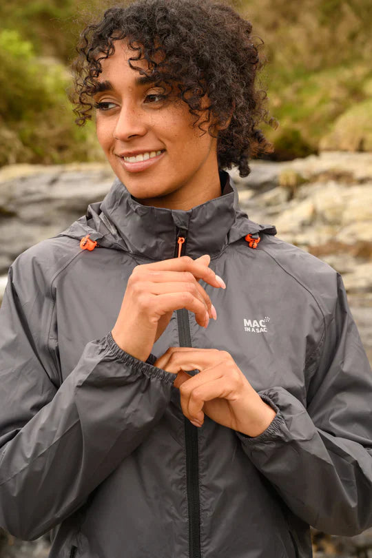 Woman wearing a charcoal mac in a sac rain jacket