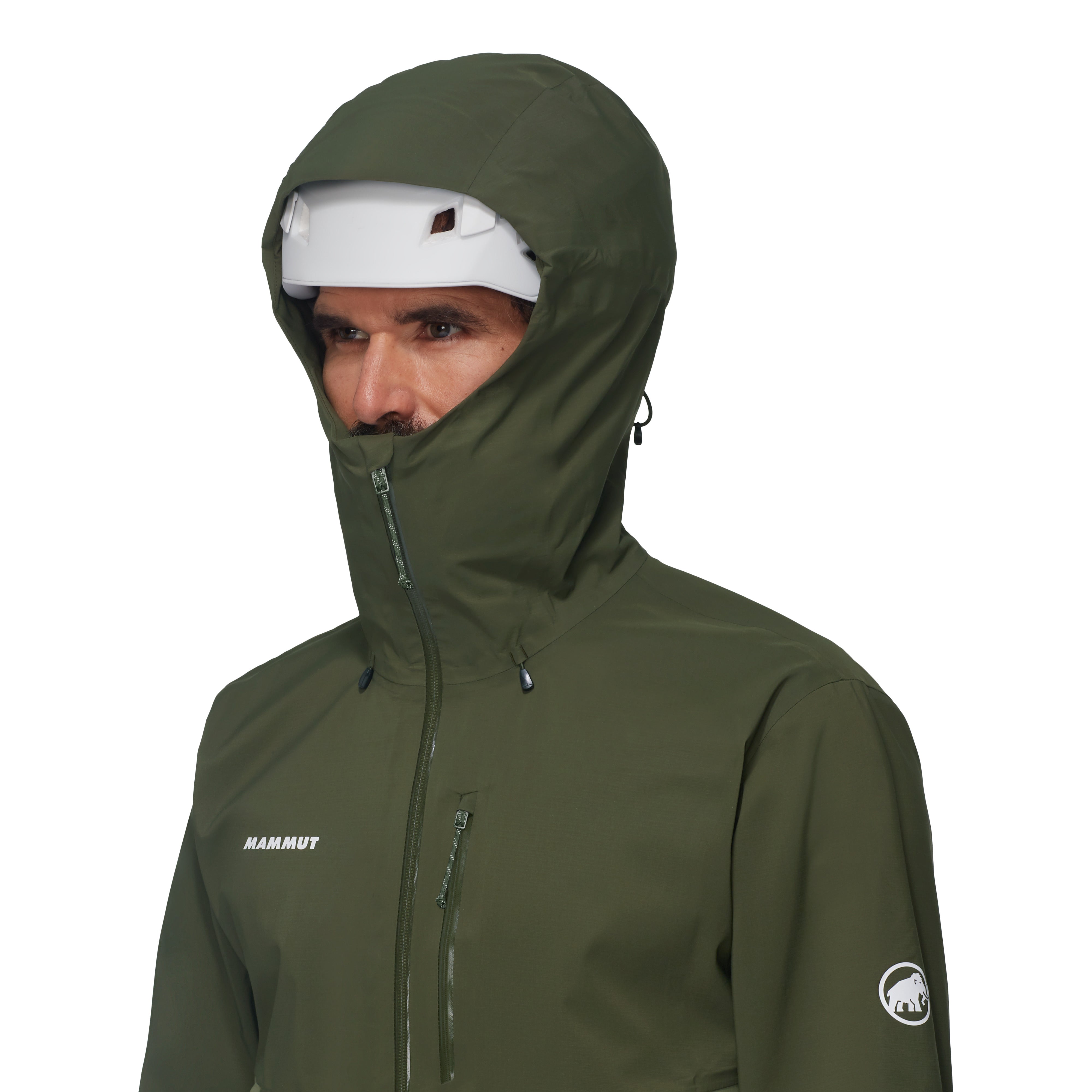Person wearing a green hooded jacket with a white cap on a white background