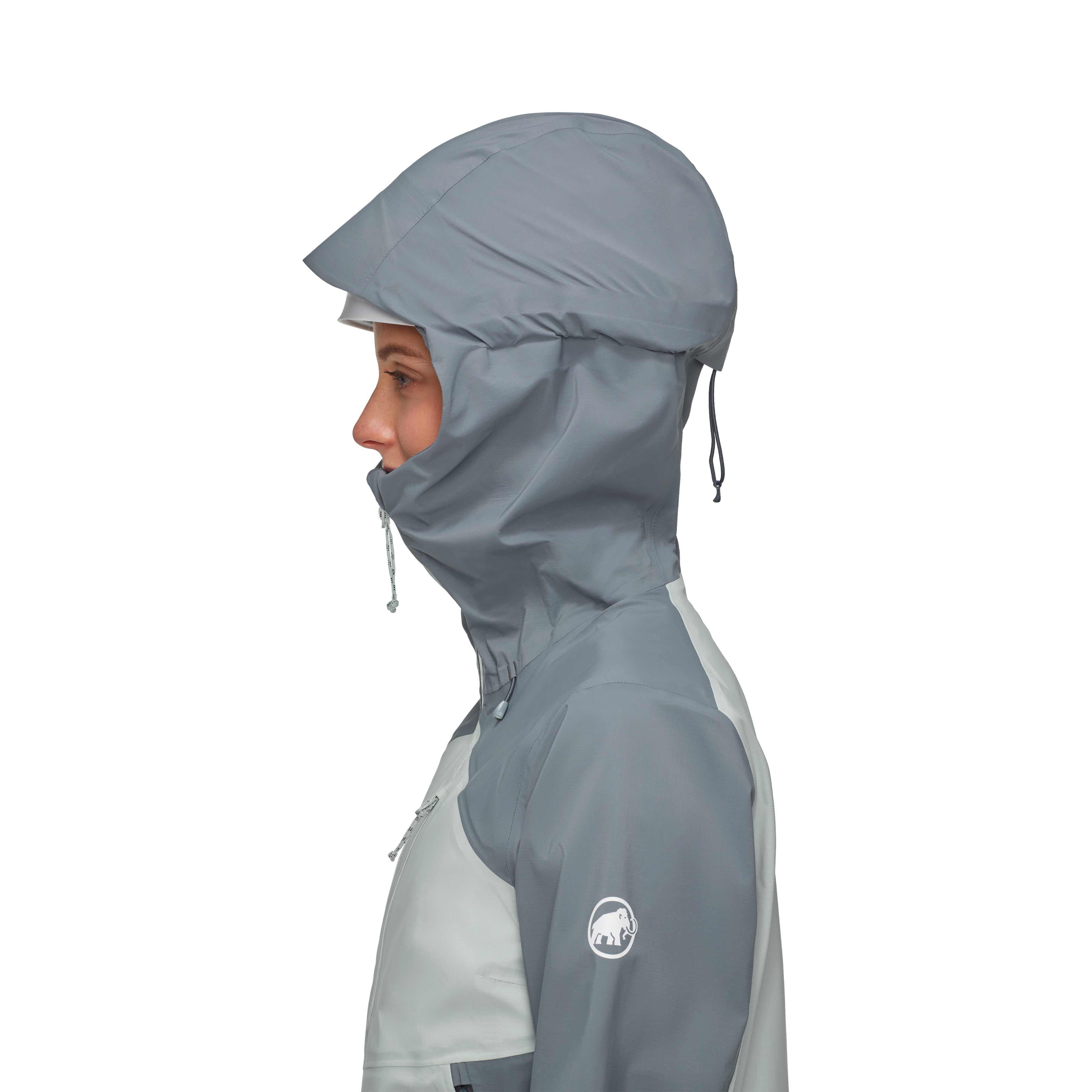 Person wearing a gray raincoat with a hood on a white background