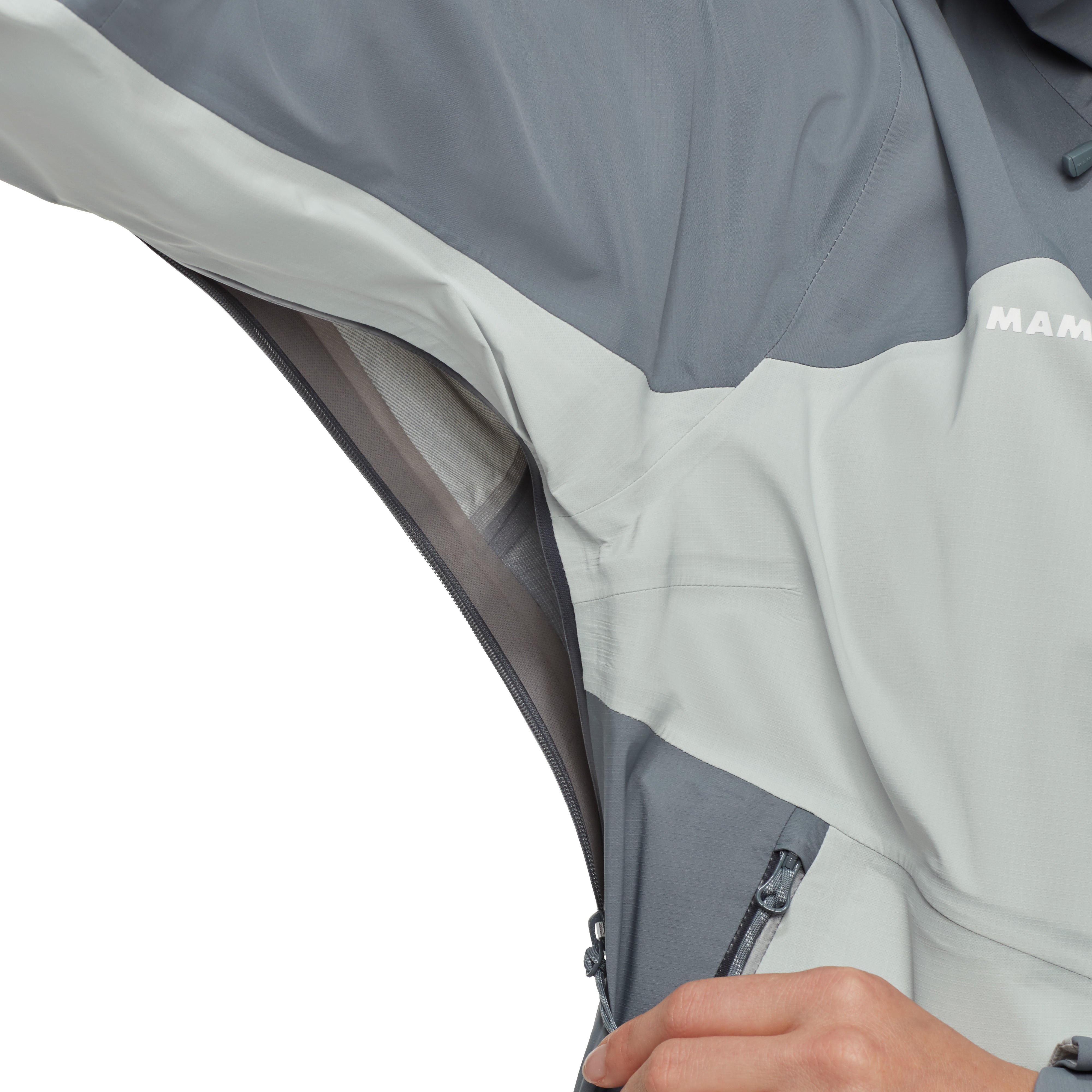 Close-up of a gray and white jacket with a brand logo on a white background