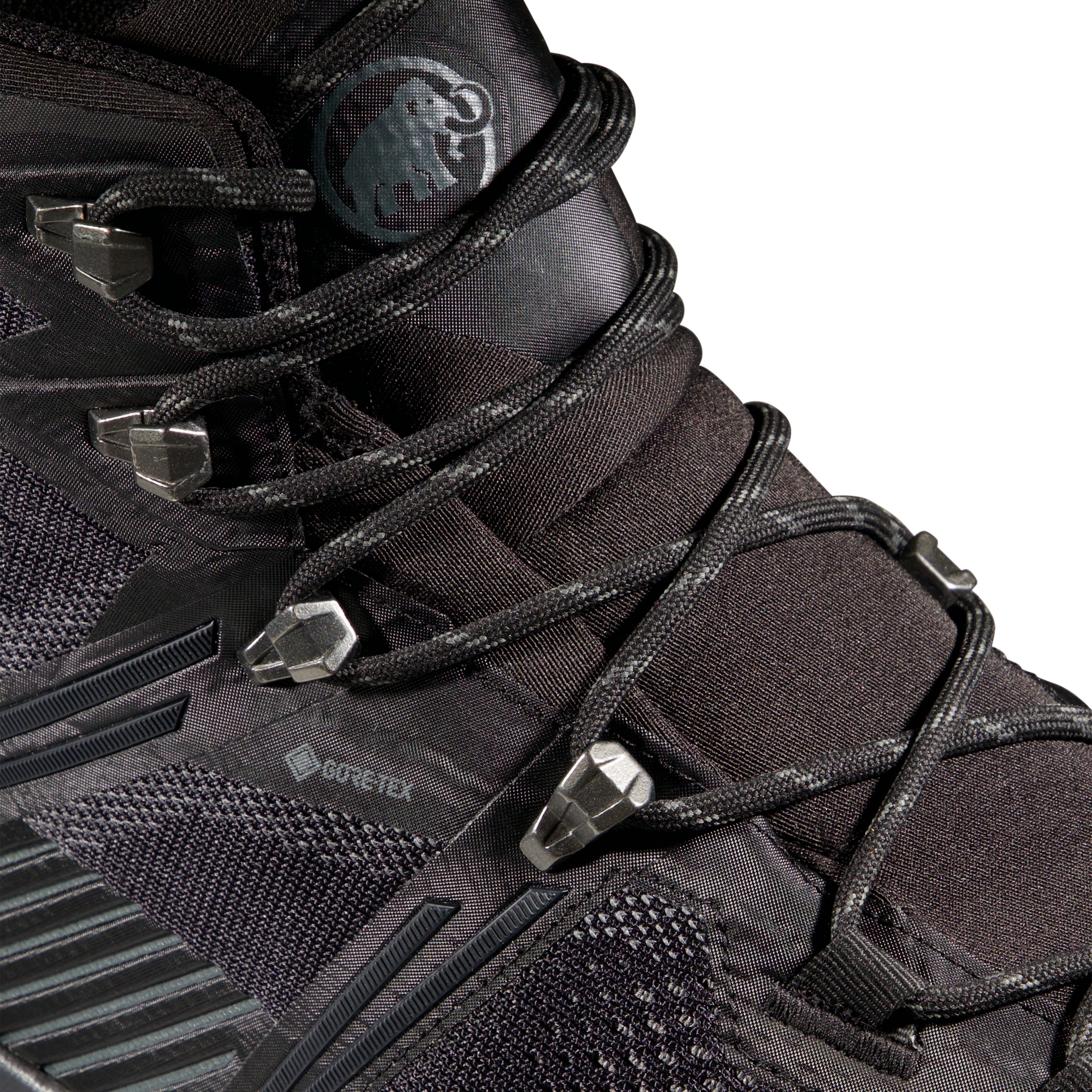 Close-up of a black hiking boot with laces and GORE-TEX branding.