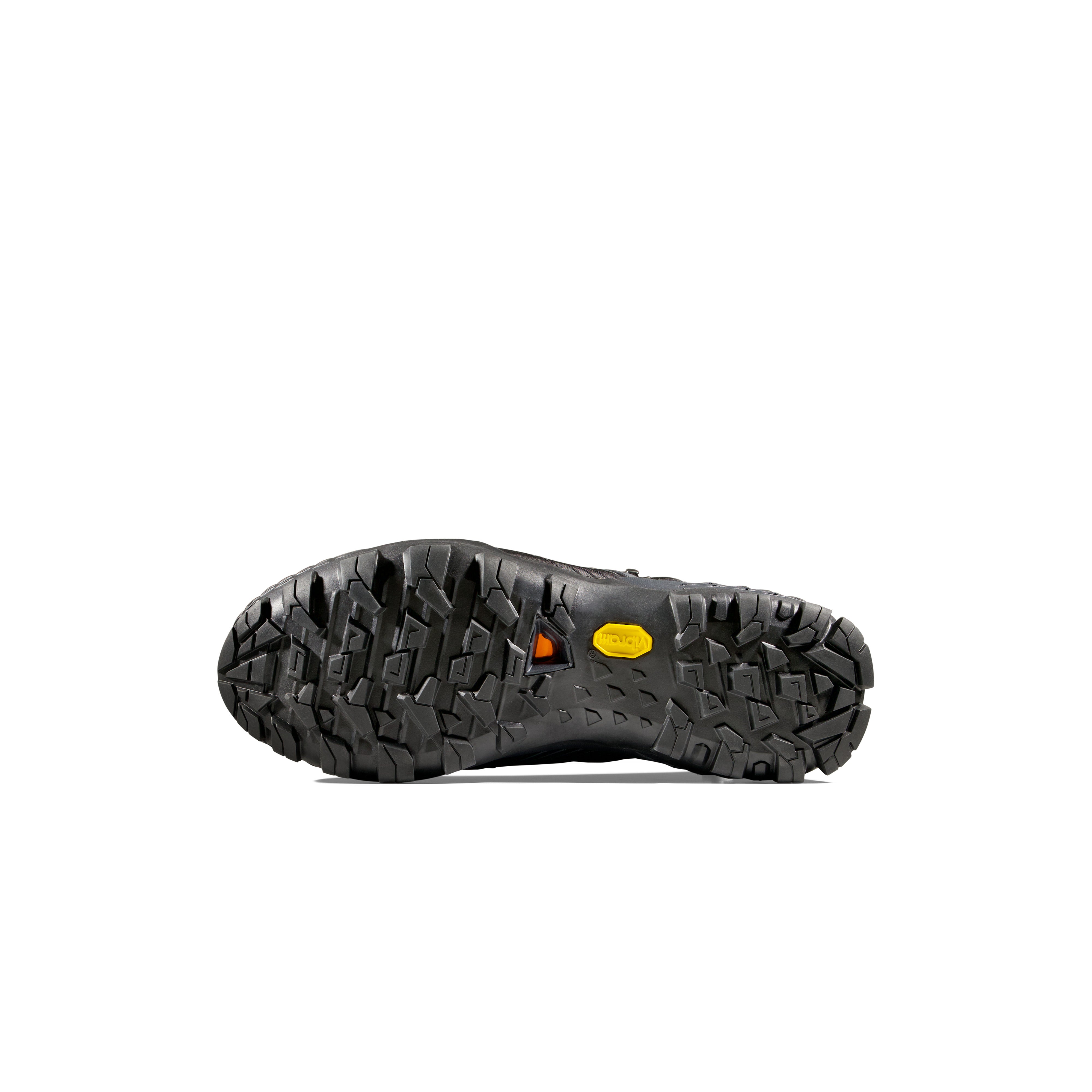 Black hiking boot sole on a white background