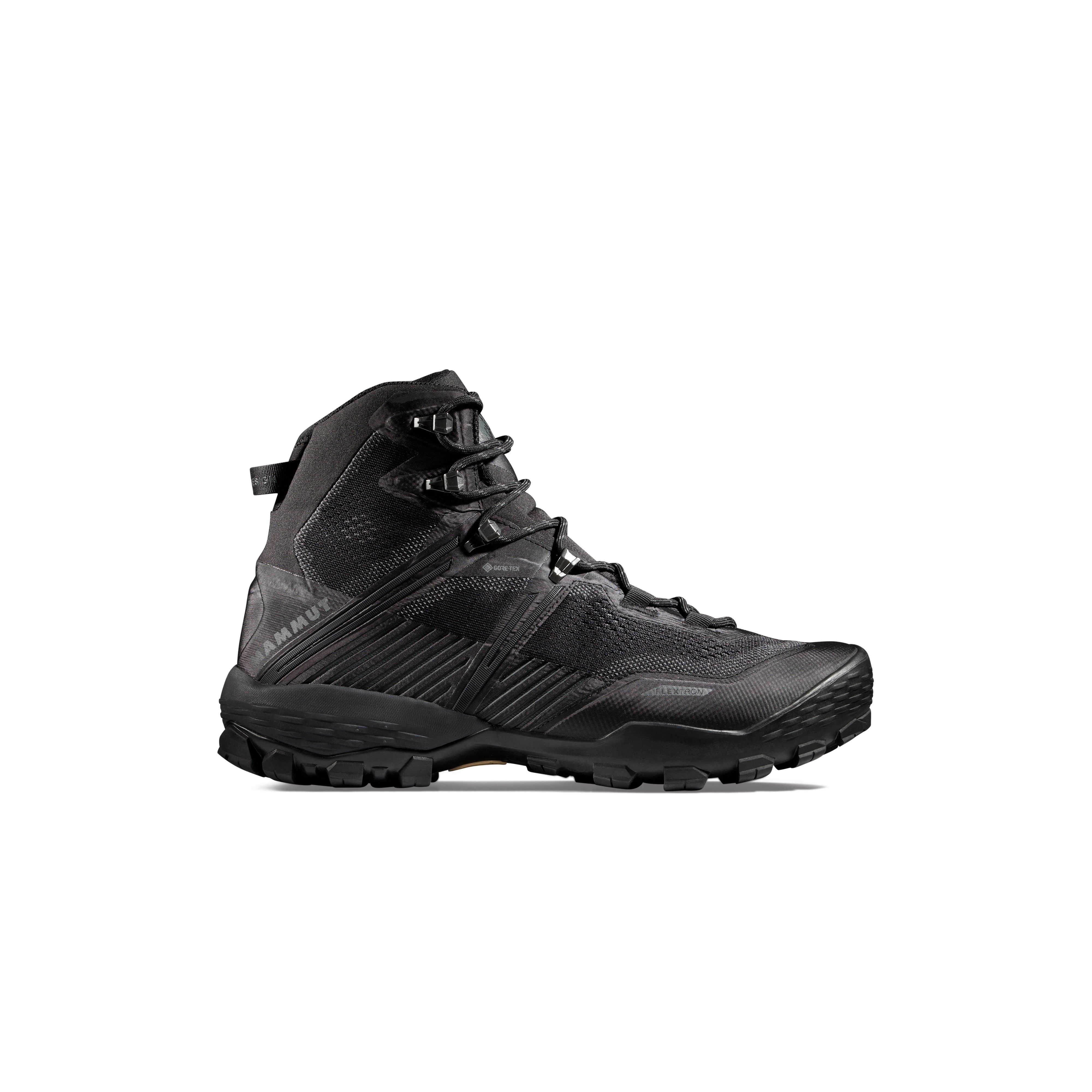 Black high-top hiking boot on a white background