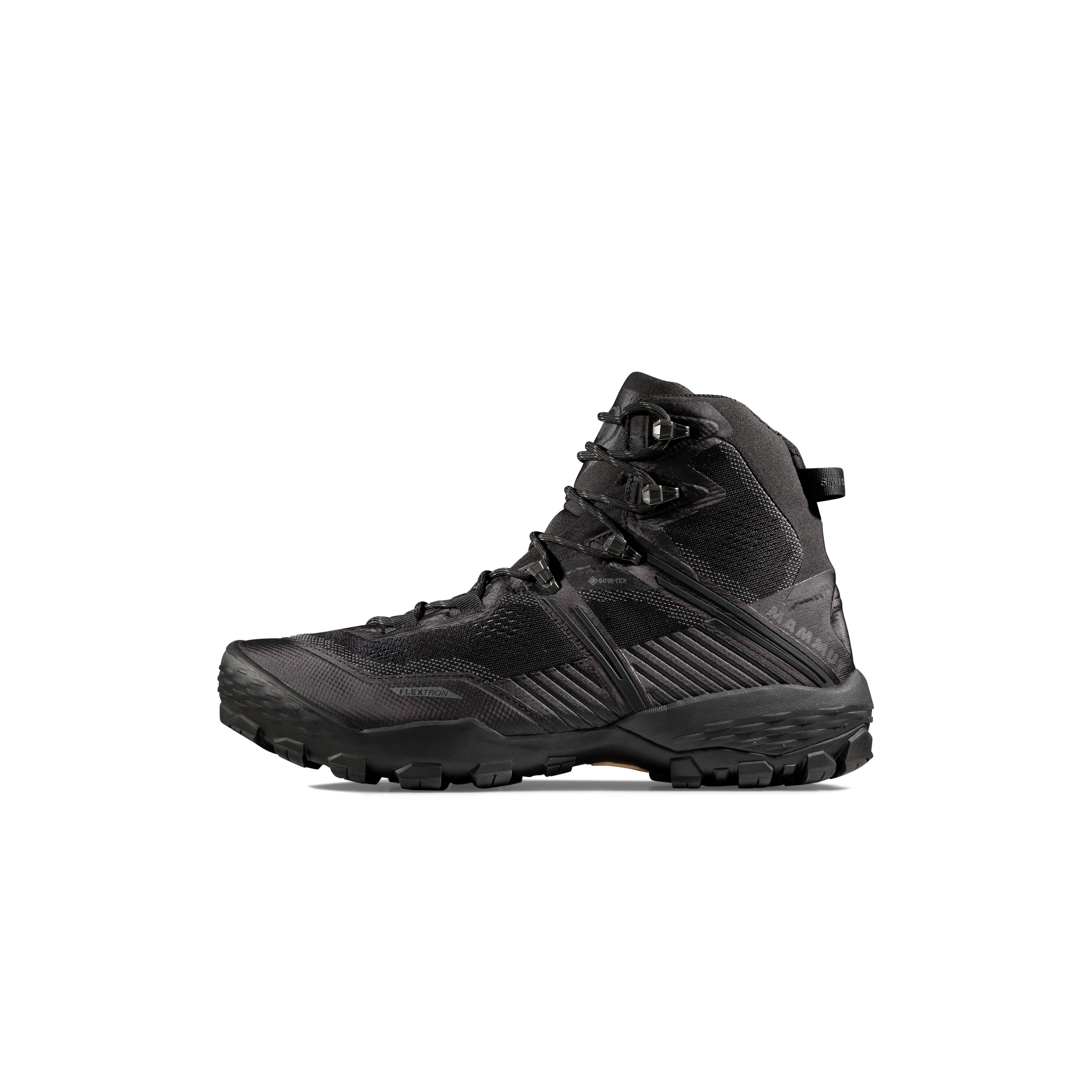 Black high-top hiking boot on a white background