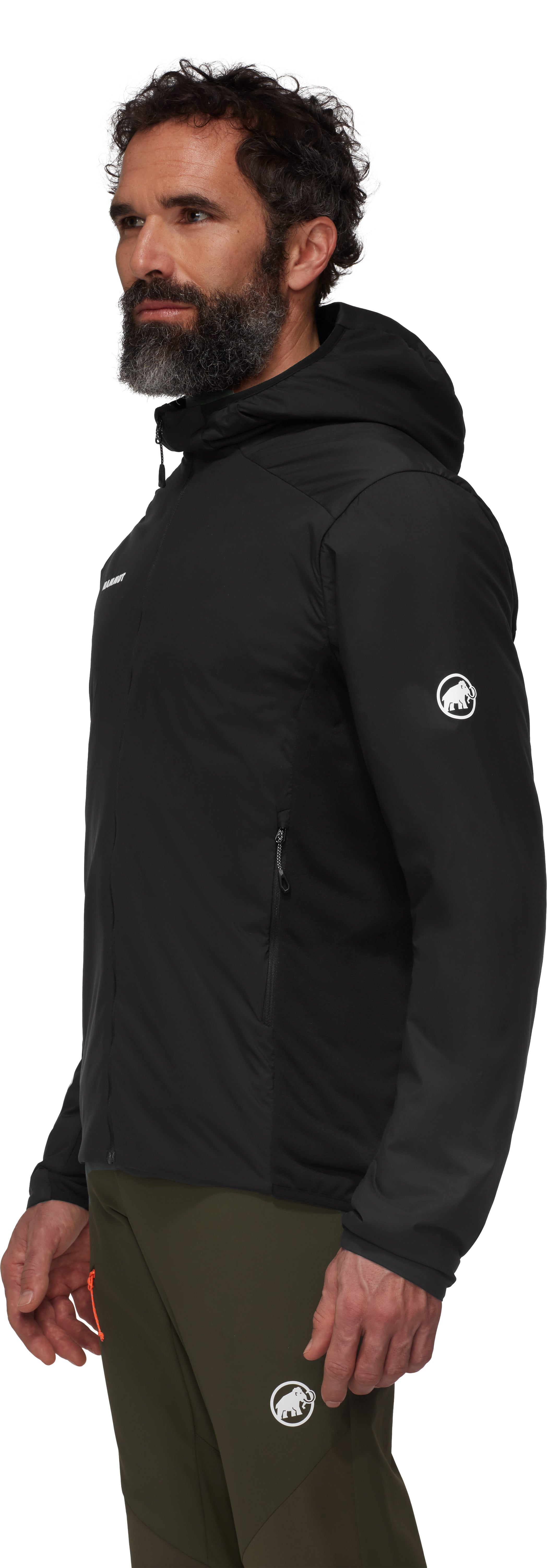 Man wearing a black jacket with a brand logo on a white background