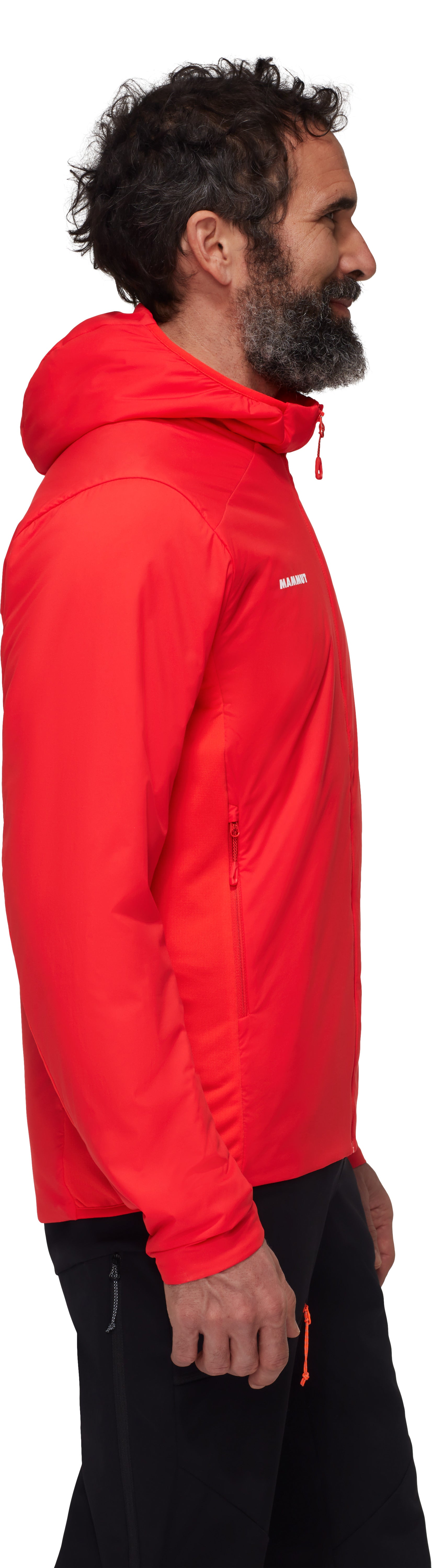 Man wearing a bright red jacket with a brand logo on a white background