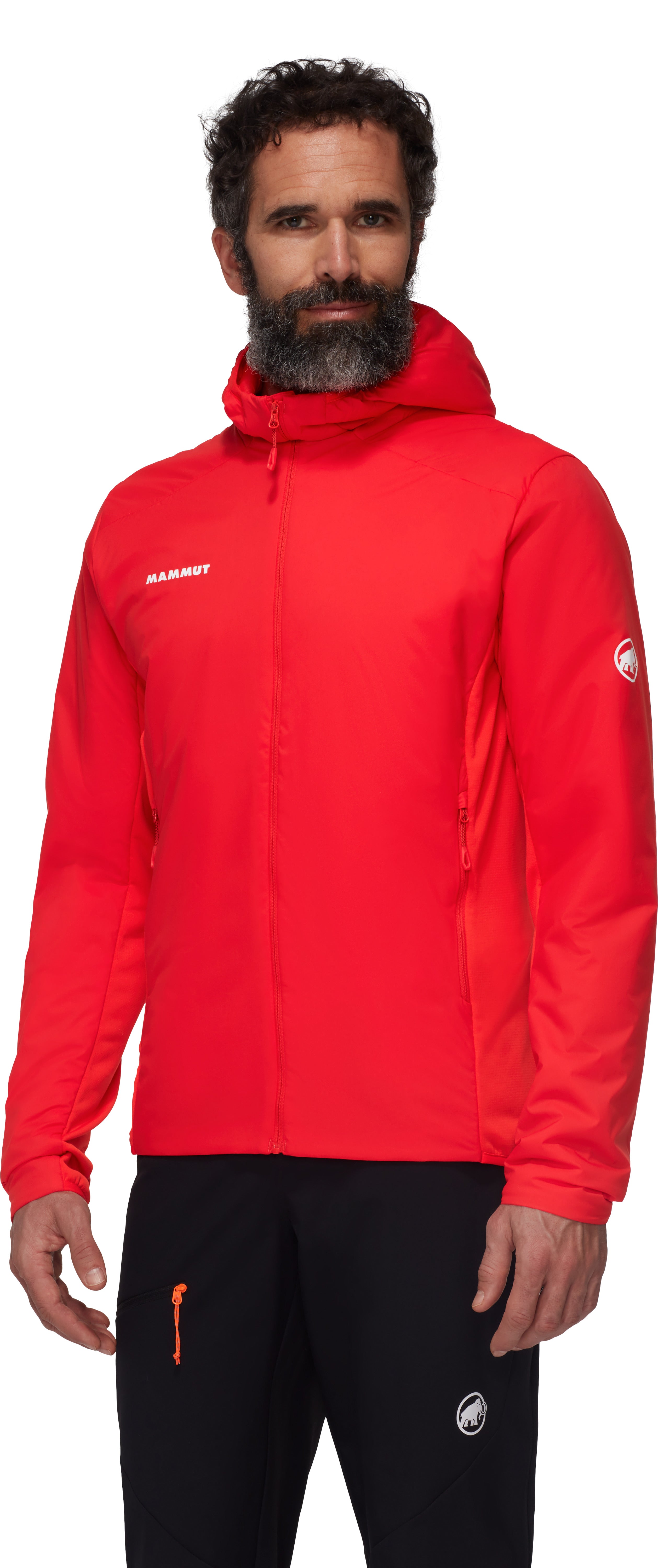 Man wearing a red jacket with a brand logo on a white background