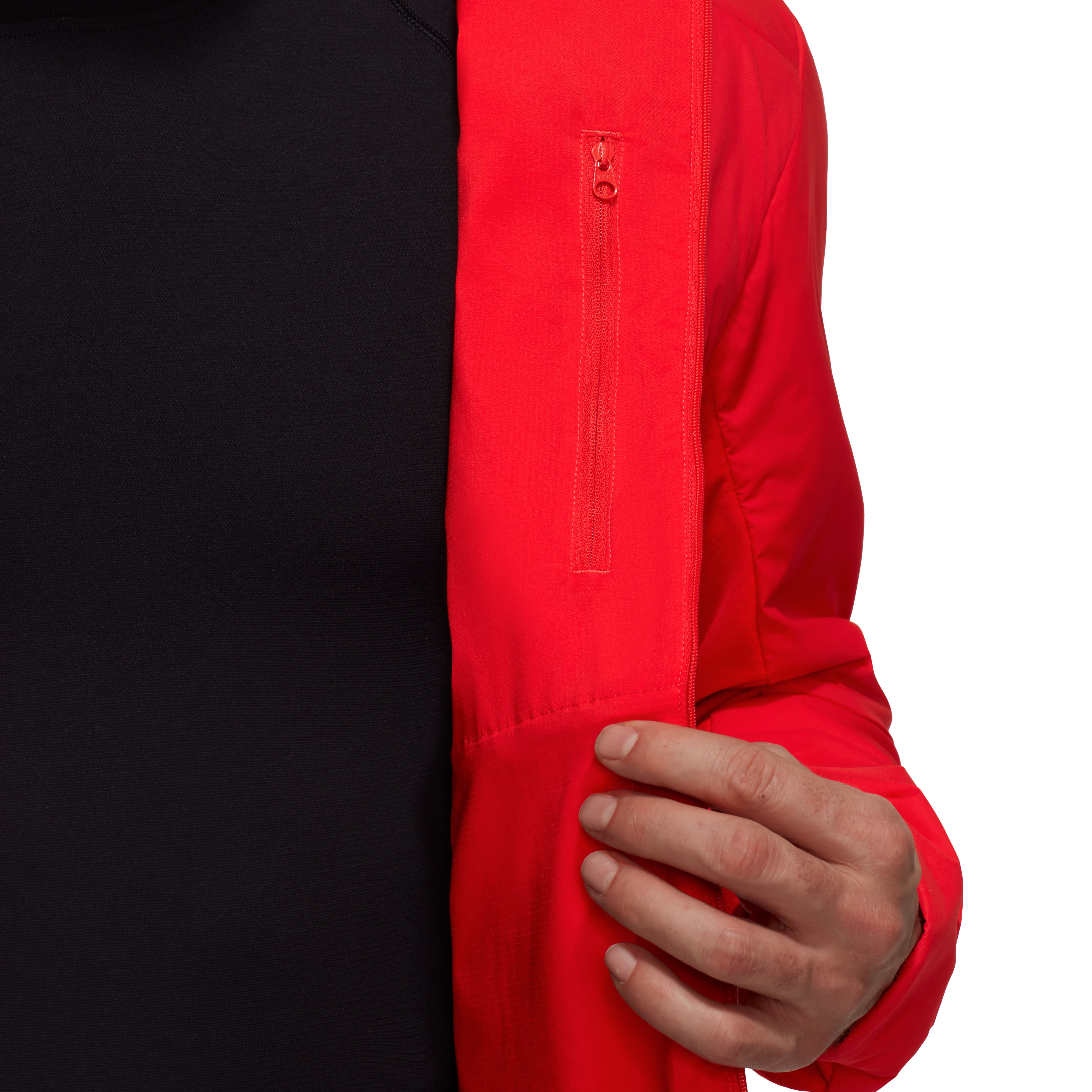 Red long-sleeve jacket with a zipper on a white background