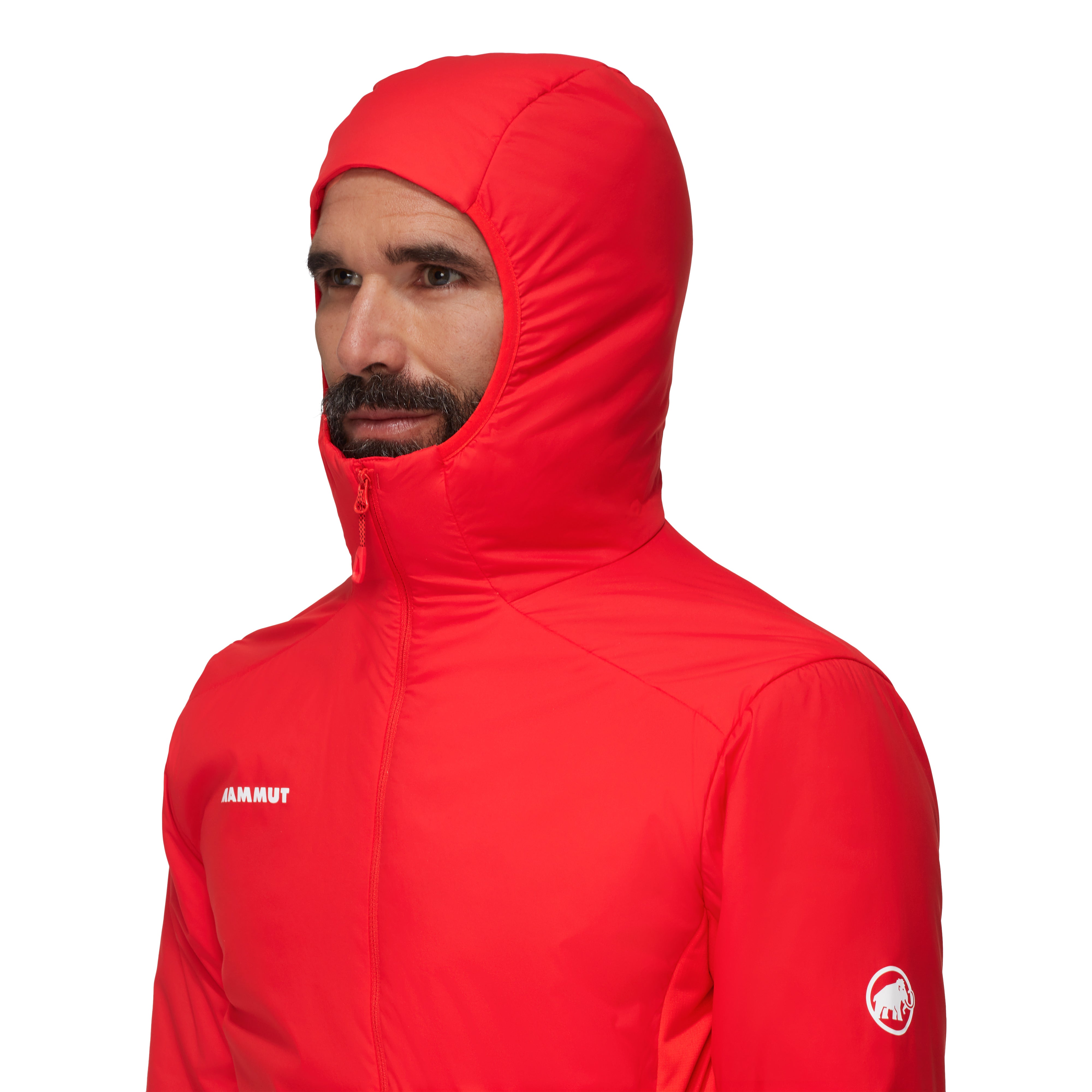 Person wearing a red Mammut jacket on a white background