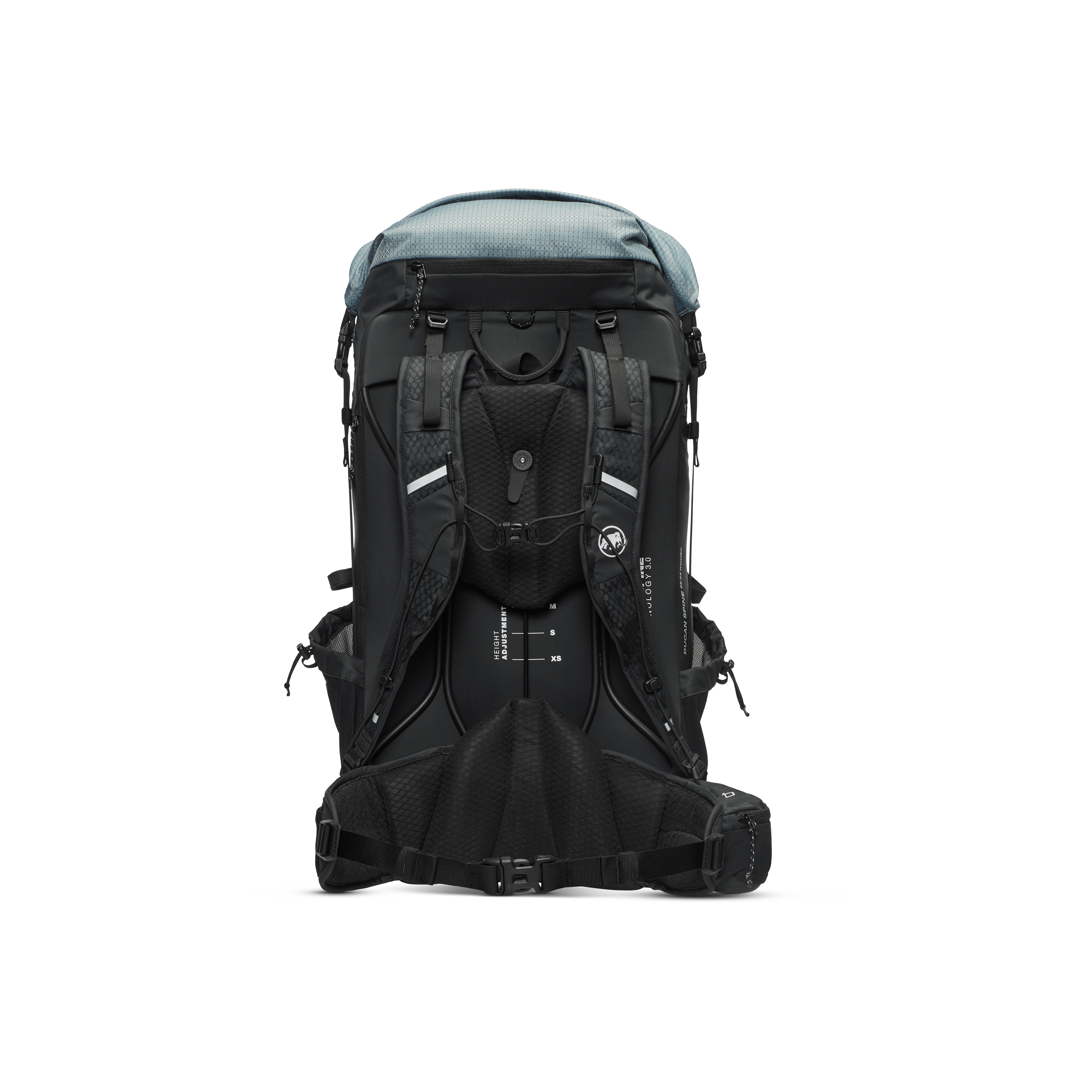 Back view of a black hiking backpack with a white background