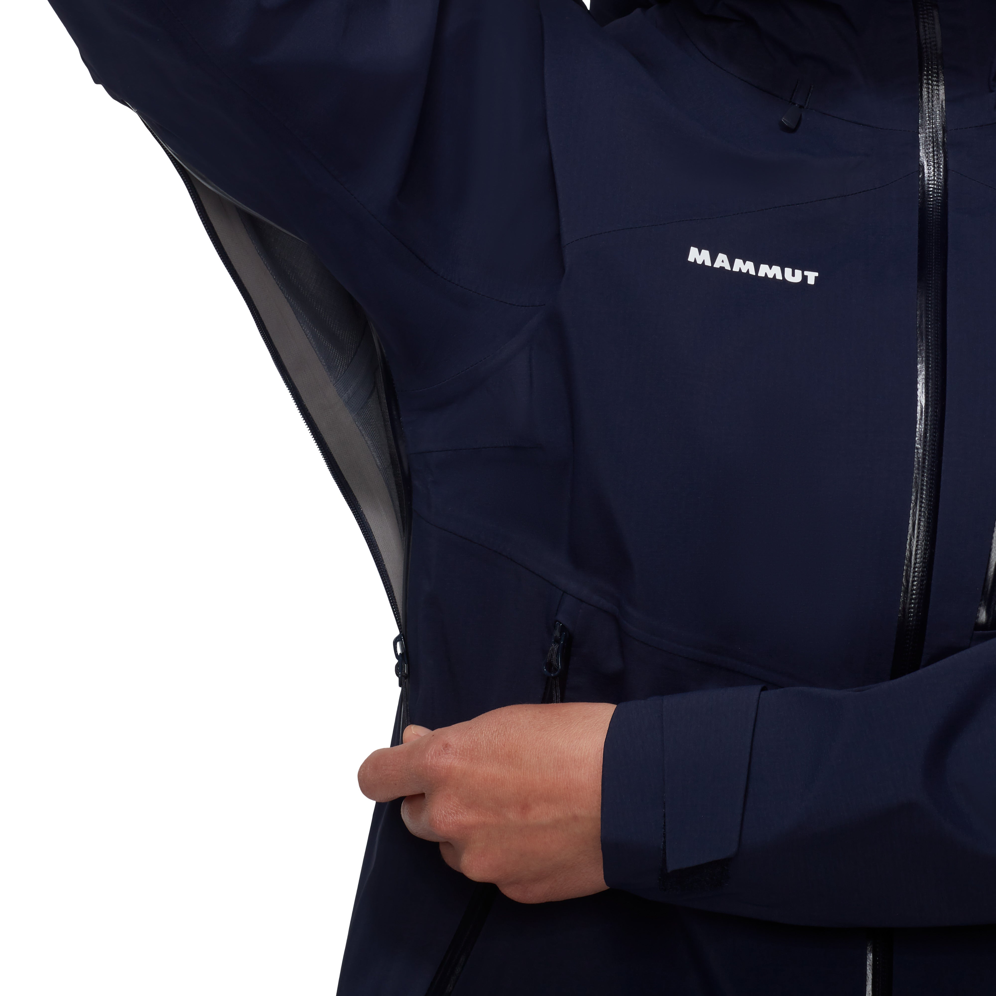 Navy blue jacket with 'Mammut' branding on a white background