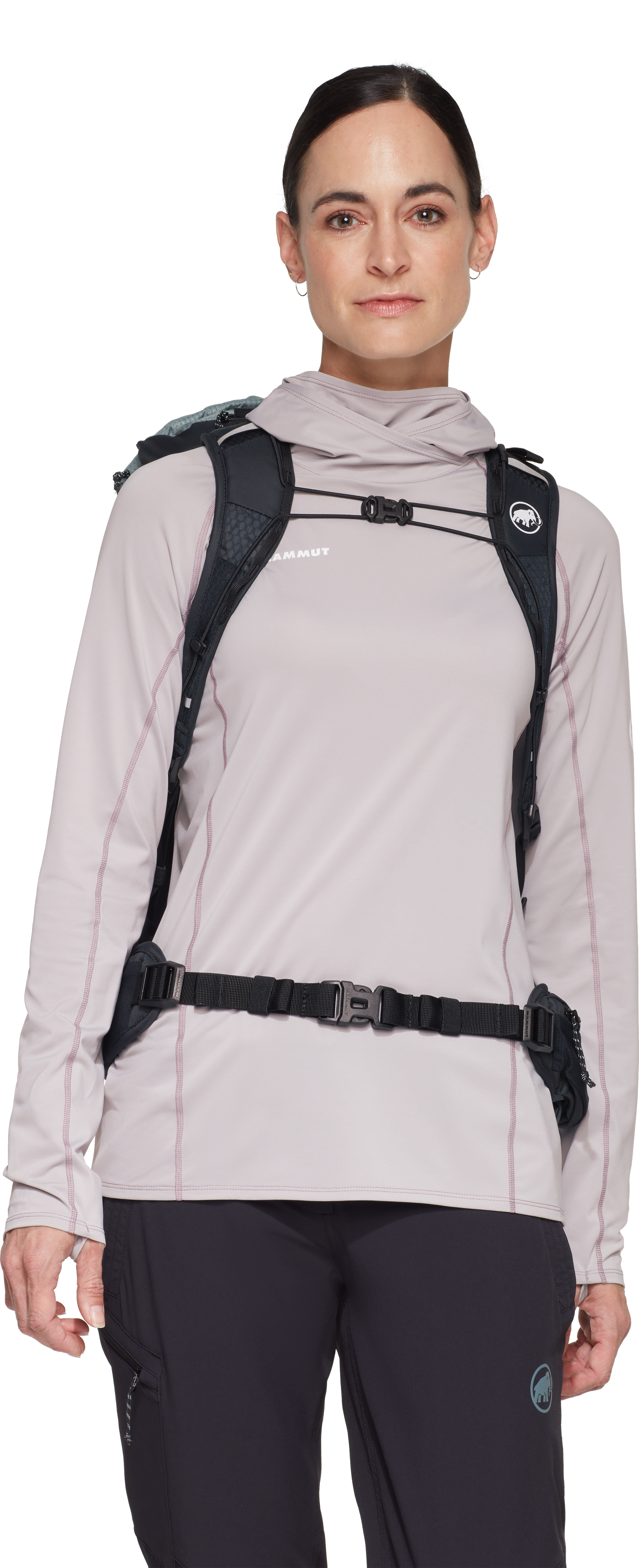 Person wearing a light pink jacket with a black backpack on a white background